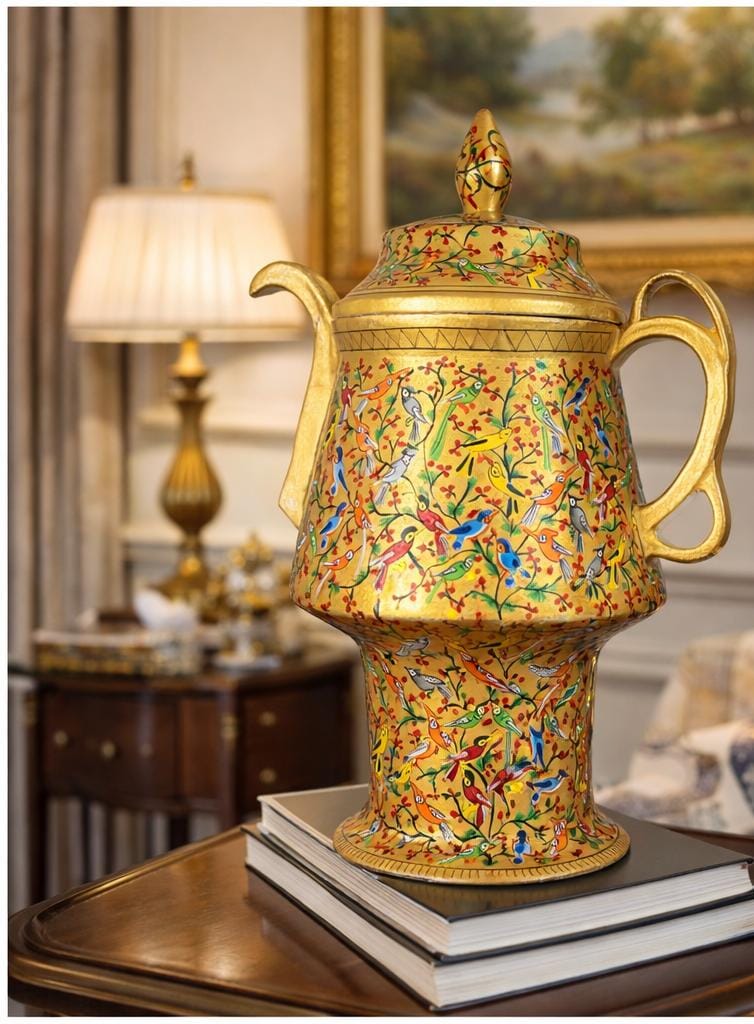 Handcrafted Kashmiri paper mache samavar with gold finish and hand-painted floral and bird motifs for luxury home décor